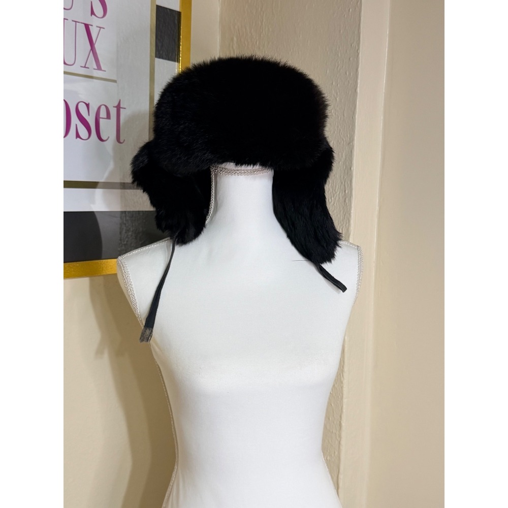 Black Fur Trapper Hat Ear Flap Aviator Russian Ushanka Winter Cap